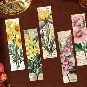 Set of 5 vintage floral paper bookmarks with retro botanical prints and cursive script