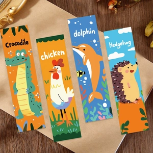 Flat animal reading bookmarks set with crocodile, chicken, dolphin, and hedgehog designs