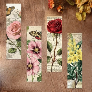 Set of four vintage floral bookmarks with roses and butterflies on retro paper