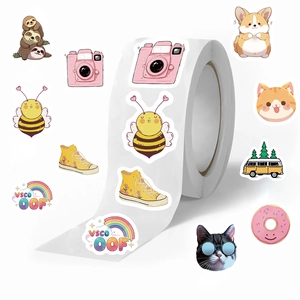 Roll of 500 aesthetic cartoon stickers with cute animals and vintage items on white background