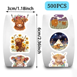 Detailed view of 500 Highland Cow stickers with floral and artistic patterns on rolls