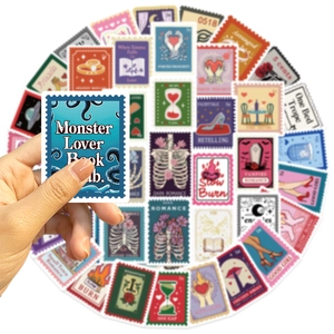 Detail of waterproof bookish postage stamp stickers for scrapbooks and laptops