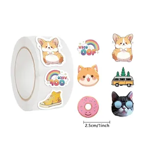 500-count roll of 1-inch VSCO style cartoon stickers with corgi and rainbow patterns