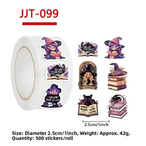 Detail view of 1-inch cartoon witch and cat stickers with 2.5cm size specifications