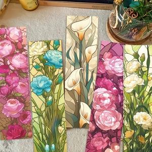 Stained Glass Style Floral Paper Bookmarks For Reading Set Vintage Aesthetic Flower Cardstock Book Page Markers For Students Gift