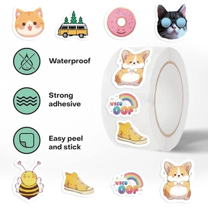 500pcs waterproof cartoon sticker roll featuring cats and corgis for gift sealing