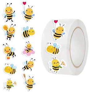 Roll of 500 bee stickers featuring cute cartoon designs for scrapbooking and envelopes