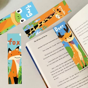 Detailed view of animal bookmarks used in a book with fox and frog illustrations