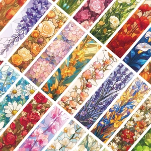 Stained glass style floral bookmarks with mosaic flower designs for DIY journaling