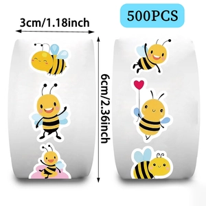 Roll of 500 cute cartoon bee stickers with 3cm diameter for envelope sealing and decor