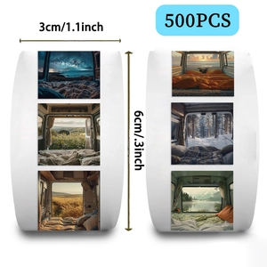 500pcs camping theme self-adhesive stickers roll with forest and lake landscapes