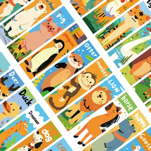 Detailed flat layout of assorted colorful cartoon animal bookmarks for DIY journaling