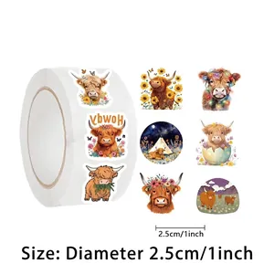 Roll of 500 Highland Cow round stickers featuring cute hand-drawn illustrations for decoration