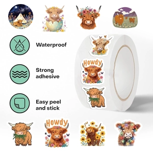 500pcs roll of Highland Cow stickers featuring waterproof adhesive and cute floral designs