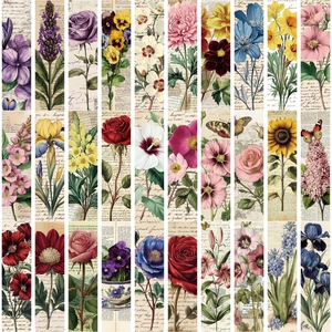 Close-up of 30 vintage floral scrapbooking strips with antique botanical illustrations