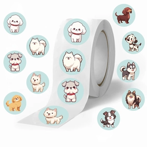 Detailed view of multiple cartoon dog stickers roll for DIY scrapbooking and crafts
