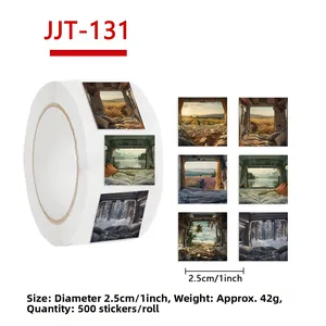 Detail of 1-inch camping style sticker roll showing diverse nature scenery and 2.5cm diameter