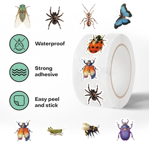 Rol met 500 waterdichte insectenstickers voor decoratie van planners en enveloppen