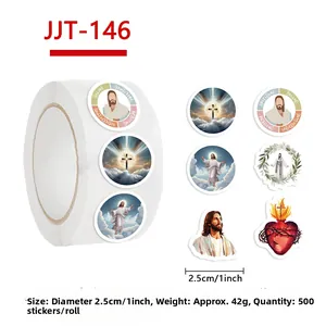 Detail of 500 religious sticker roll featuring Jesus icons and 1 inch size mark