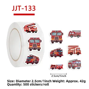 Macro view of 1-inch fire truck stickers roll showing various cartoon emergency vehicles