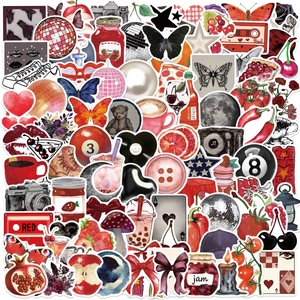 100 autocollants style downtown girl rouge et noir pour déco ordinateur, guitare et valise