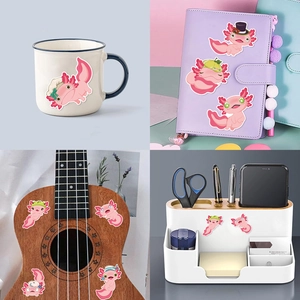 Pegatinas de ajolote rosa para decorar tazas, cuadernos e instrumentos musicales