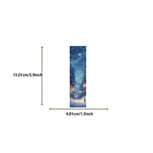 Macro detail of paper bookmark showing dimensions with winter snowy forest illustration
