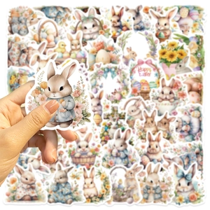 50-piece Easter bunny sticker set for DIY laptop and guitar decoration in pastel colors