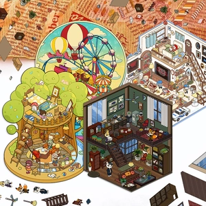 Détails macro d'autocollants de maison miniature 3D avec thèmes cabane et agence de détective