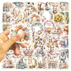 Detail of waterproof Happy Easter stickers with bunnies and floral patterns for DIY