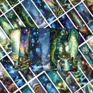 Macro shot of forest theme bookmarks featuring watercolor deer and trees illustrations