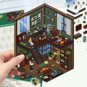 Gros plan d'une scène de bureau miniature 3D avec animaux mignons et meubles rétro