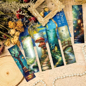 Artistic bookmarks with forest fairy tale illustrations in a vintage aesthetic setting
