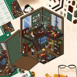 Vue macro d'un kit de maison miniature 3D rétro avec meubles vintage et bibliothèque