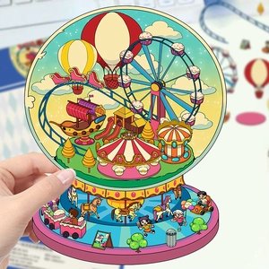 Gros plan d'autocollant 3D parc d'attractions avec grande roue et carrousel