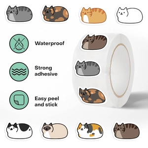 Rouleau de 500 autocollants de chats mignons avec support étanche et adhésif fort