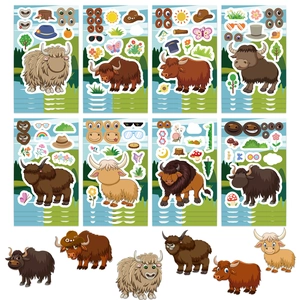 Cartoon highland cow DIY sticker set with 8 waterproof sheets for creative decoration