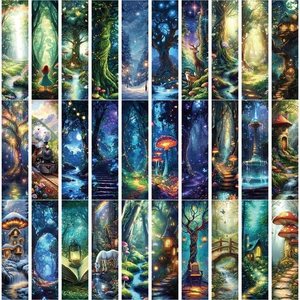 Set of 30 mystical forest paper bookmarks with fantasy illustrations for journaling