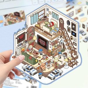 Détail d'un autocollant 3D maison Joker montrant des pièces miniatures en vue isométrique