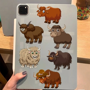 Detail of iPad case featuring cartoon highland cow prints and built-in stylus pen slot