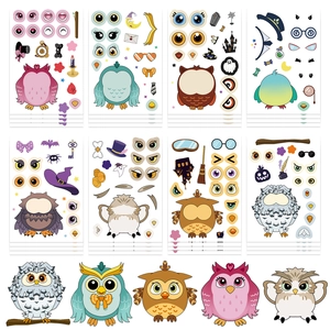 DIY cartoon owl stickers set for scrapbooking featuring 8 funny face-changing designs