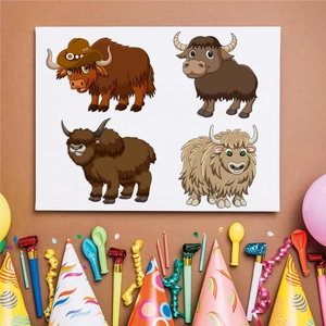 Detailed view of four cartoon highland cow stickers for DIY party decorations