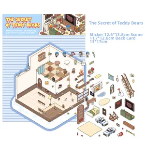 Vue détaillée des dimensions du kit stickers 3D DIY monde miniature d'oursons mignons