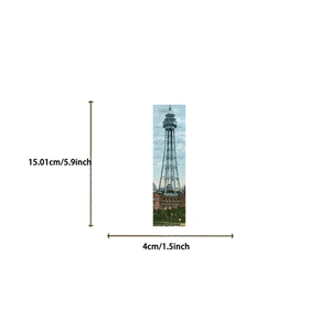 Detailed size view of retro architecture bookmark featuring tower illustration 15x4cm