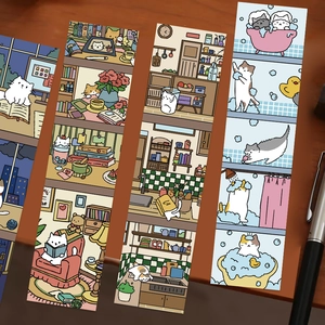 Set di 30 segnalibri con gatti cartoon disegnati a mano su scrivania in legno