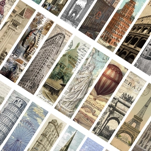 Retro architectural bookmarks set featuring 30 vintage world landmarks and sketches