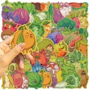 Close-up of cute cartoon fruit and vegetable waterproof stickers for laptops and guitars