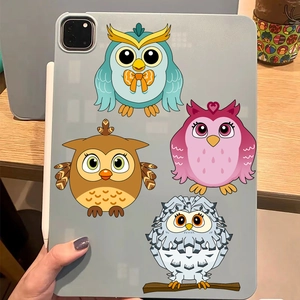 Detailed view of gray iPad case featuring colorful cartoon owl illustrations and stylus slot