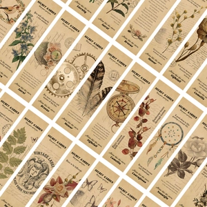 Detalle de marcapáginas de papel kraft vintage con motivos de plumas y engranajes