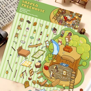 Vue détaillée d'une maison d'arbre miniature 3D en papier avec des figurines de dessins animés